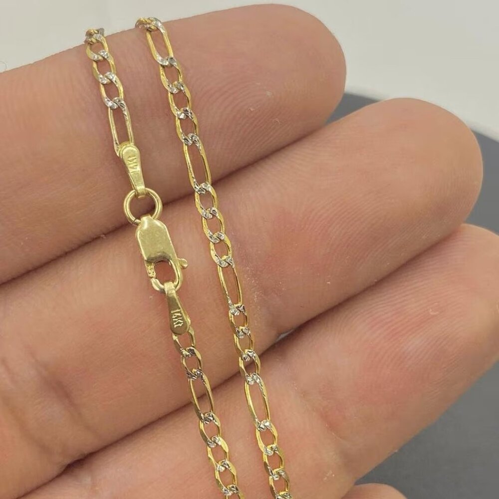 14K Yellow Gold Two Tone Necklace Figaro 24" Chain for Mens Fashion Design Gifts